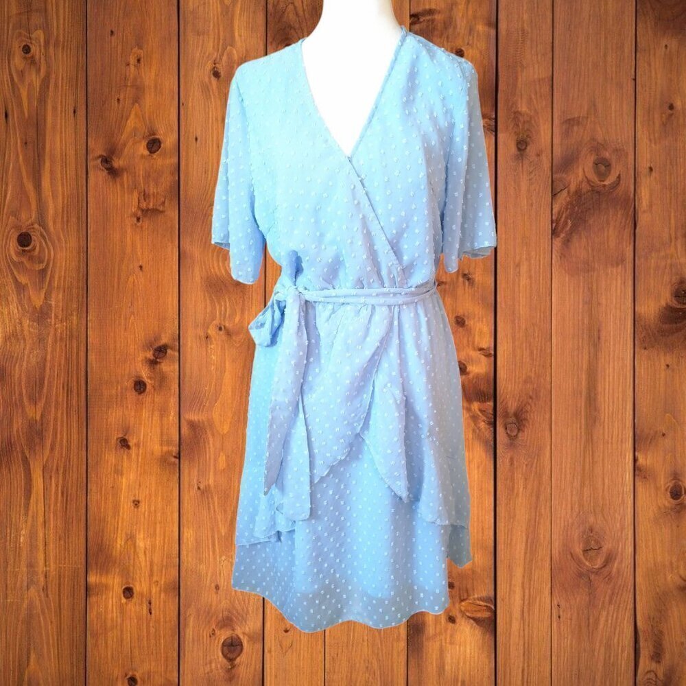 ECOWISH Faux Wrap Swiss Dot Dress With Tie Blue Size Medium Ruffle Tiered